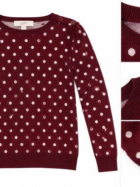 LOFT Burgundy and White Polka Dot Long-Sleeve Sweater